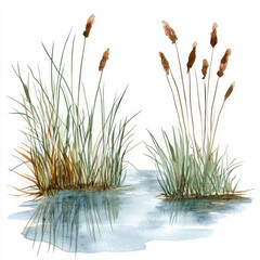 Serene watercolor illustration of a small pond with reeds and grass
