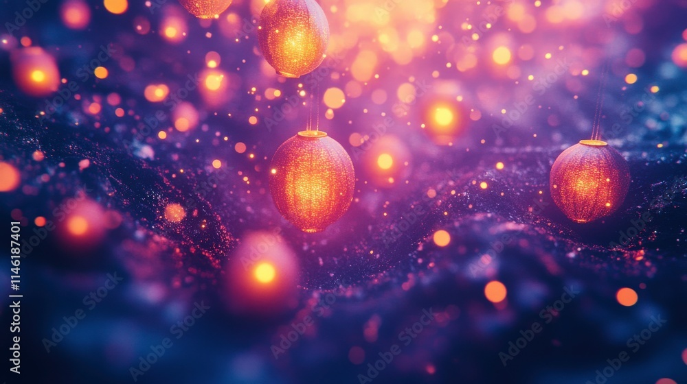 Poster ethereal floating lanterns illuminating a dreamy purple and orange background with sparkles and boke