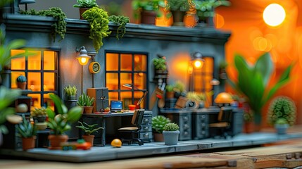 A detailed miniature office scene adorned with plants and warm lighting.