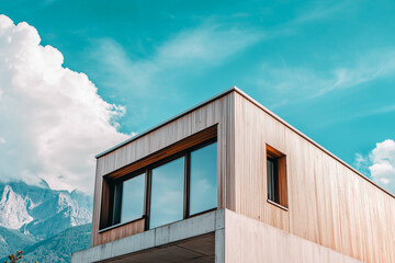 Detail of a modern wooden house in the Cubist style, featuring concrete elements and an expansive glass front. The house is situated amidst an alpine landscape