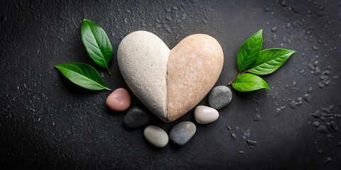 Serene Stone Heart with Lush Green Leaves and Smooth Pebbles on Dark Surface