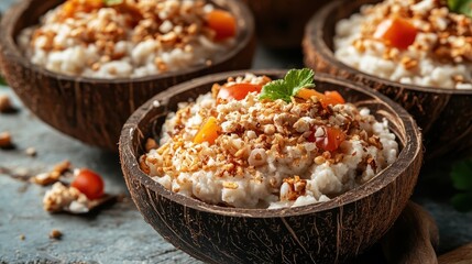 Creamy rice pudding topped with crunchy granola and sweet fruit. Perfect for showcasing healthy and delicious breakfast or dessert options.