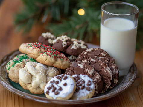 A plate of freshly baked Christmas cookies with a glass of milk on a rustic wooden table - Powered by Adobe
