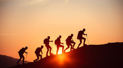 Silhouette of People Hiking on Mountains: Teamwork and Collaboration Concept