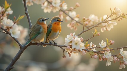 Fototapeta premium Colorful Birds on Blossoming Branches.