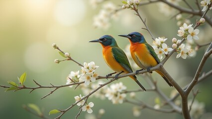 Obraz premium Colorful Birds on Blossoming Branches.