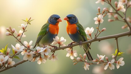 Obraz premium Colorful Birds on Blossoming Branches.