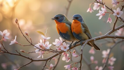  Colorful Birds on Blossoming Branches.
