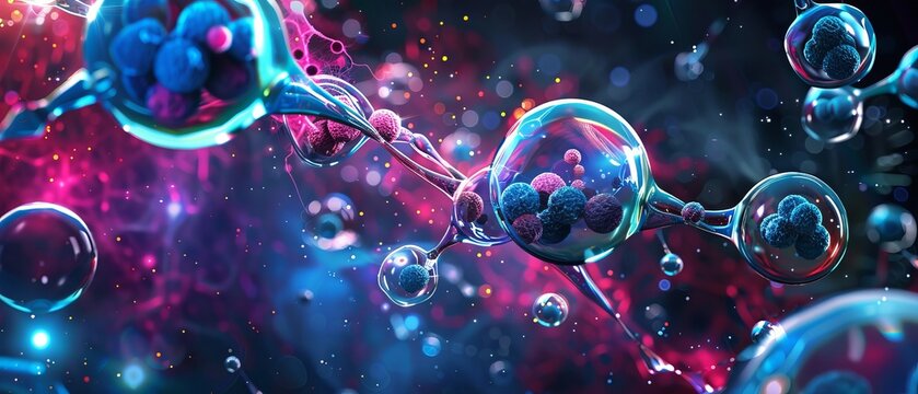 Chemical science laboratory banner with test tubes, beakers, and molecular structures on a futuristic blue background for research and education themes