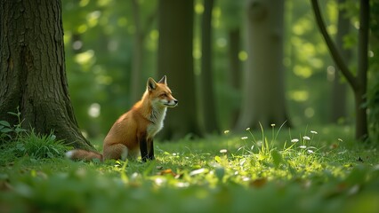 Fox Sitting in Sunlit Forest Clearing.