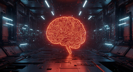 Obraz premium Futuristic AI Brain Circuitry Neon Glow in Tech Corridor