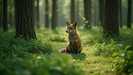 Fox Sitting in Sunlit Forest Clearing.