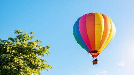 Fototapeta premium Colorful hot air balloon soaring in a clear blue sky, near green foliage.