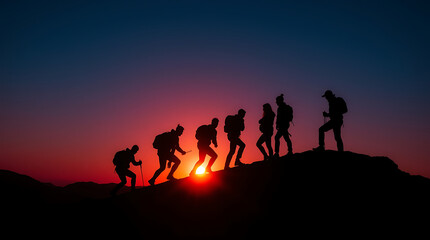 Silhouette of People Hiking on Mountains: Teamwork and Collaboration Concept