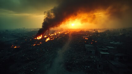 Fototapeta premium Aerial view of a city engulfed in flames at sunset.