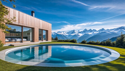 Modern villa entirely made of wooden elements, with expansive glass surfaces and an infinity pool in the foreground. The villa is situated amidst an alpine landscape