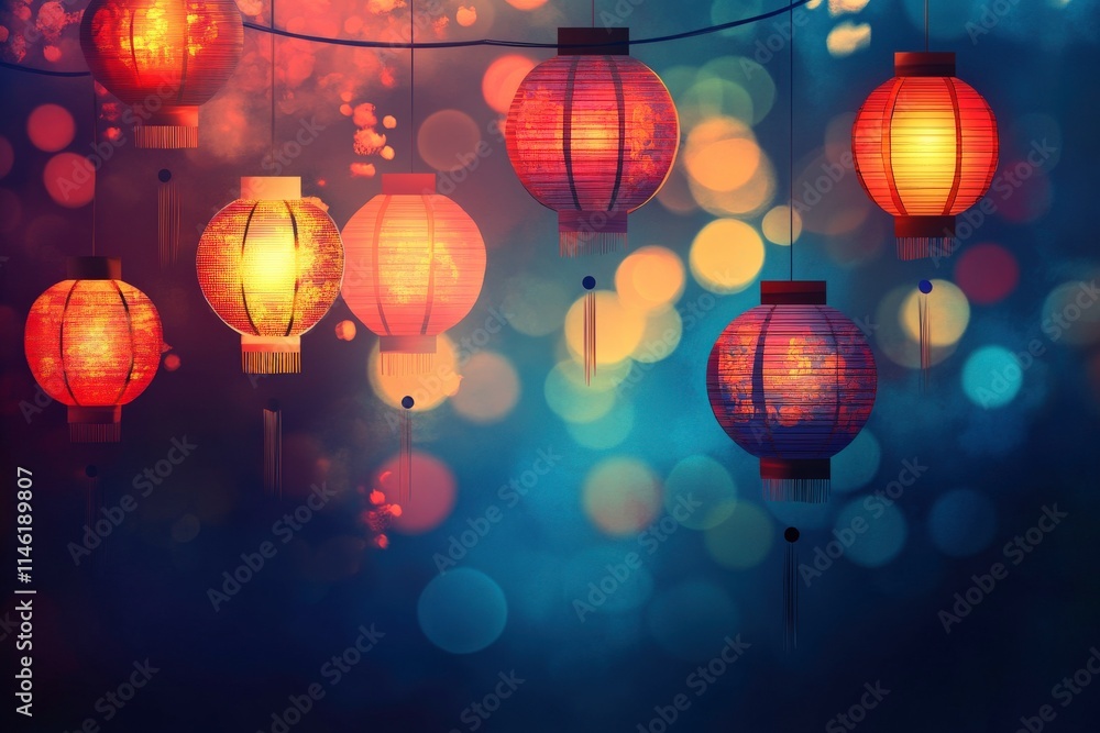 Poster Colorful Chinese lanterns hanging against a blurred background with soft bokeh lights creating a warm and festive atmosphere for celebrations and events