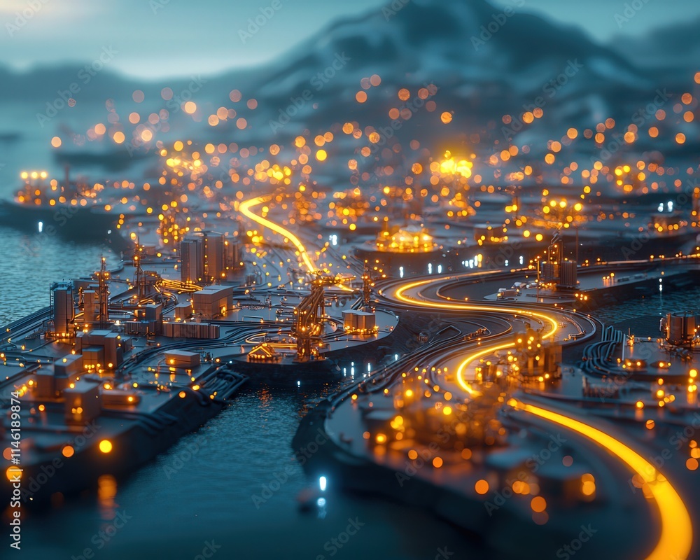 Poster port with interconnected smart logistics using glowing data paths