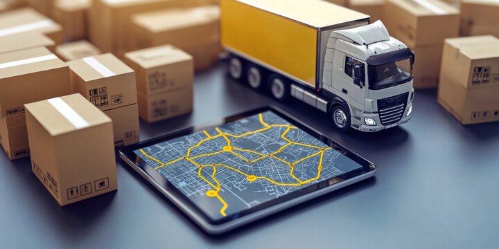 A model truck with a digital map, surrounded by shipping boxes, representing logistics.