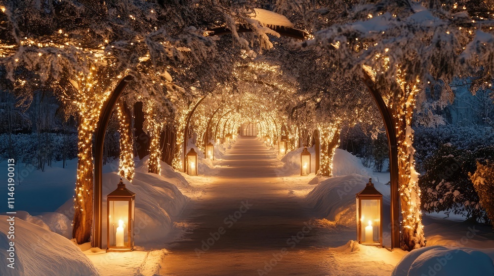 Poster pathway lined with snow-covered trees and illuminated by lanterns