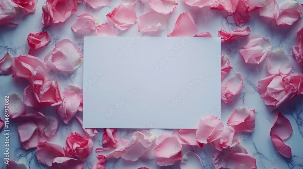 Poster soft pink petals elegantly frame a blank white surface, creating a serene and romantic backdrop. ide