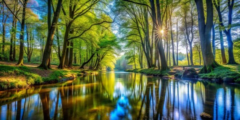 Fototapeta premium Sunlit River Reflecting Lush Green Trees in a Tranquil Forest