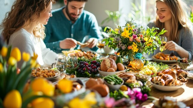 Caucasian couple setting up the table for a joyful easter dinner celebration together