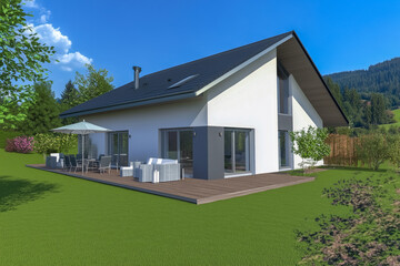 Realistic 3D visualization of a modern single-family house with a garden, a large wooden terrace, and large window fronts