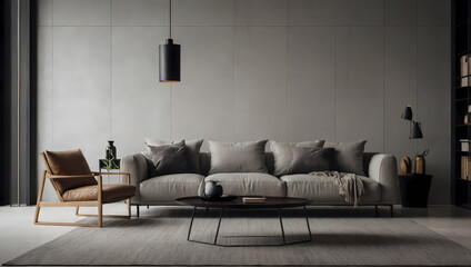 Modern Living Room Interior with Sofa, Armchair, and Coffee Table