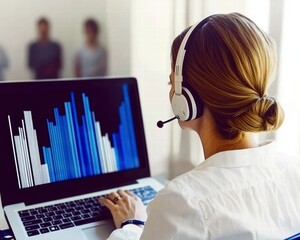 Female businesswoman analyzing data on a laptop with headset in a bright office environment.