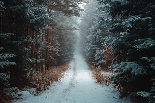 A tranquil snow-covered path winds through a dense forest of evergreen trees