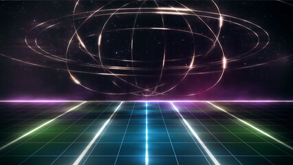 Retro wave style 80s-90s futuristic grid wireframe backdrop cyberpunk. Digital landscape neon retro party laser pattern background. Dark tone