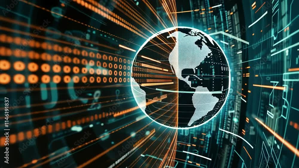 Poster binary code streams are flowing around planet earth, symbolizing global communication and data trans