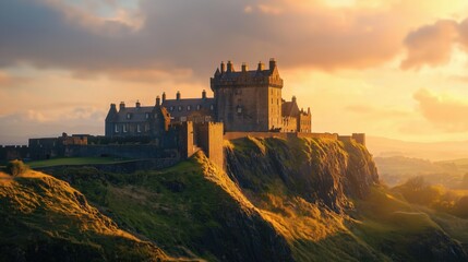 Obraz premium Majestic Dunnottar Castle at Sunset: A Scottish Coastal Fortress Basking in Golden Hour Light