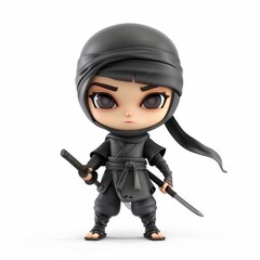 A 3D illustration of a cute chibi ninja wearing a black outfit and holding a katana sword.