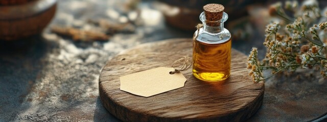 Flower and herbal extract in a bottle. Selective focus.