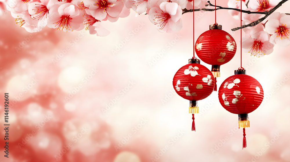 Poster vibrant red lanterns hang from a branch adorned with pink blossoms, creating a festive and serene at