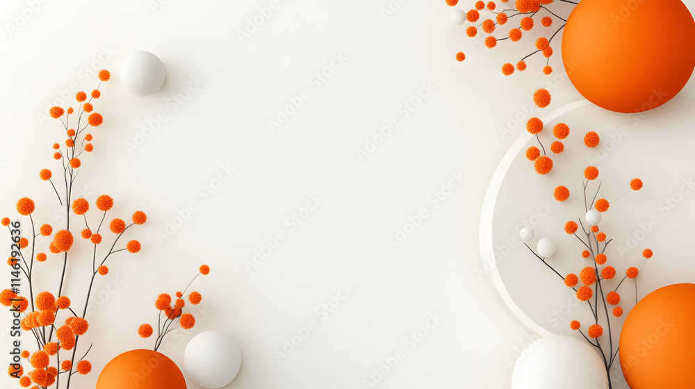 Poster a vibrant arrangement of orange and white spheres surrounded by delicate branches, creating a modern