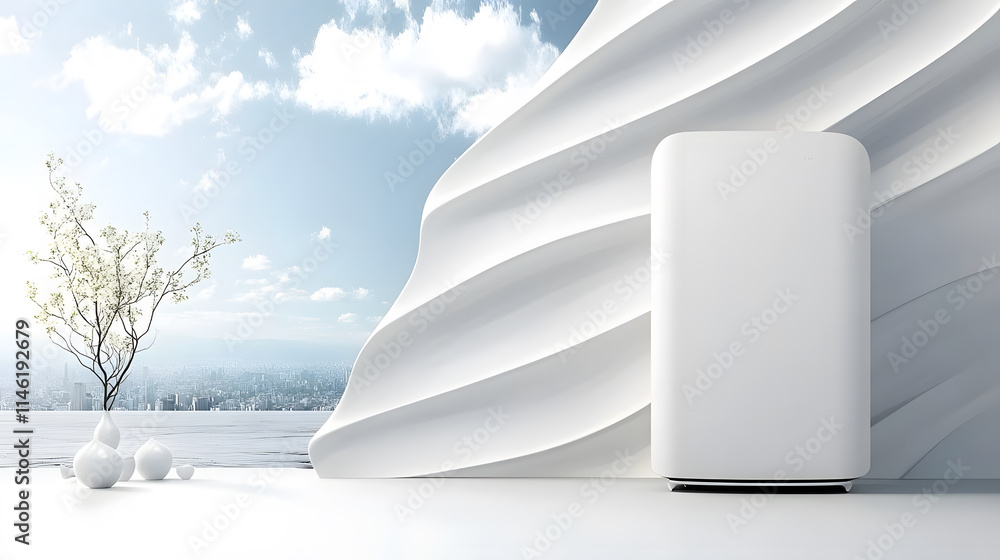 Poster a sleek white appliance stands against a modern, wavy backdrop, complemented by a simple tree and so