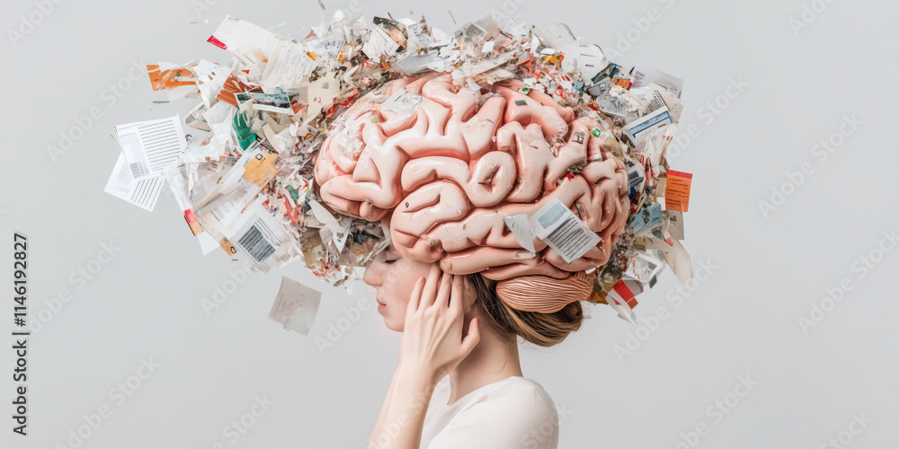Poster digital brain rot emerging from pile of web pages and e waste, symbolizing information overload