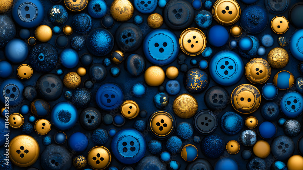 Poster A vibrant collection of blue and gold buttons arranged in a visually striking pattern, showcasing various sizes and designs