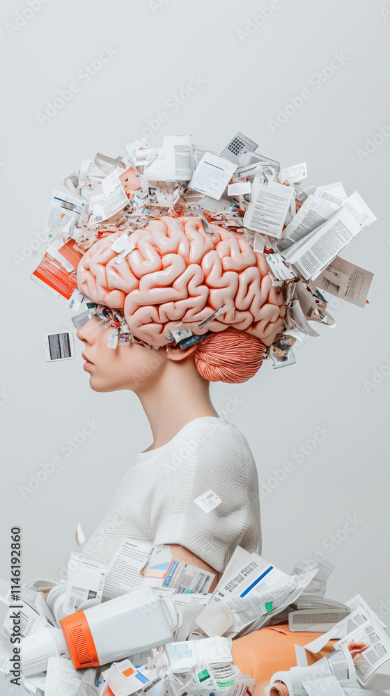 Poster digital brain rot emerging from pile of web pages and e waste, symbolizing information overload