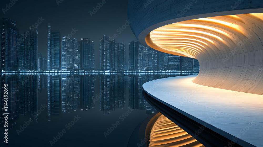 Poster a sleek, modern architectural structure illuminated against a dark urban backdrop, reflecting in cal
