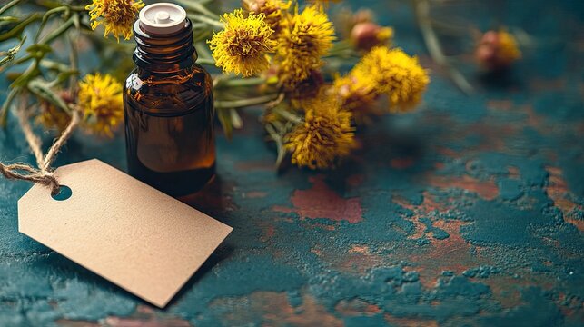 Flower and herbal extract in a bottle. Selective focus.