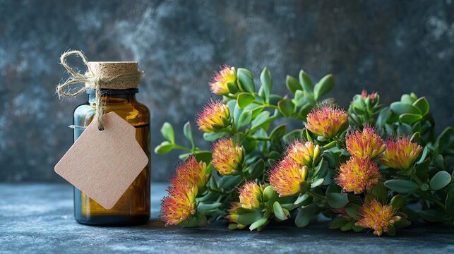 Flower and herbal extract in a bottle. Selective focus.