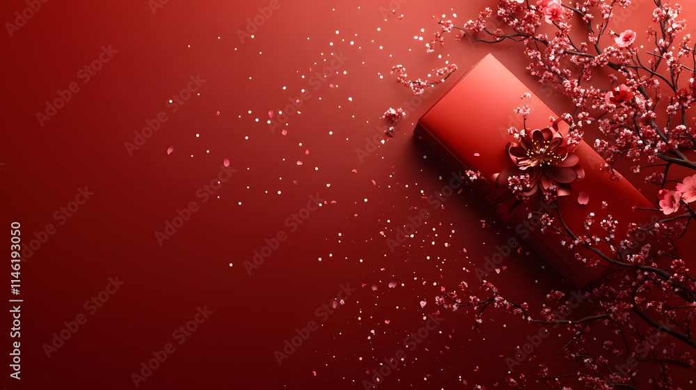 Poster A vibrant red background features a sleek object surrounded by delicate flowers and petals, creating an elegant and artistic composition