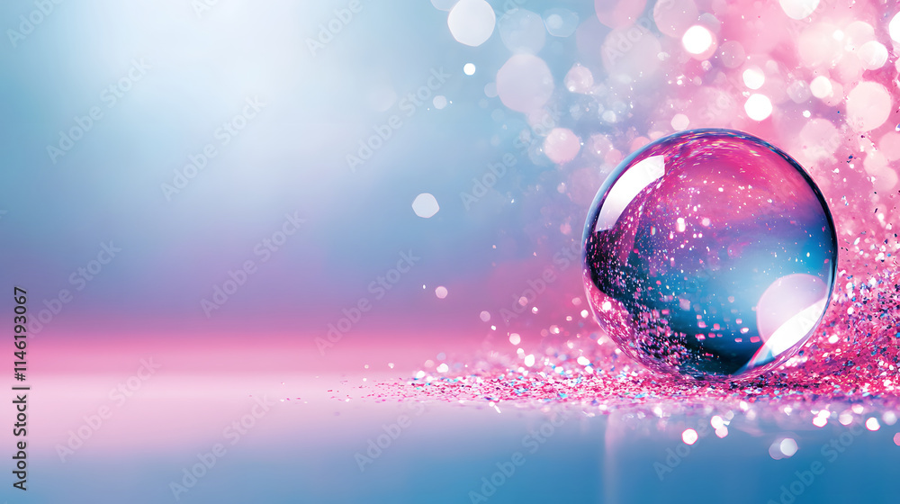 Poster A colorful, shimmering bubble sits on a sparkling surface, surrounded by soft gradients of pink and blue, creating a dreamy, ethereal atmosphere