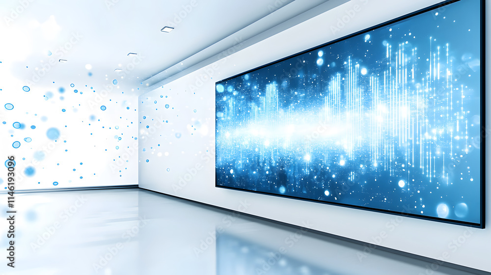 Poster A modern gallery featuring a large digital screen displaying soundwave graphics in a clean, minimalist space