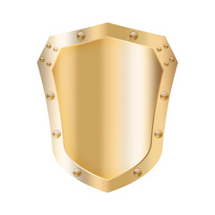 Golden riveted shield on white background.