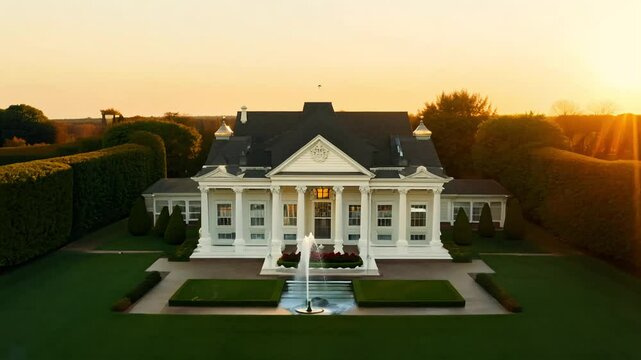 Tracking video follows a colonial revival mansion with symmetrical facade, columned portico, in golden hour light
